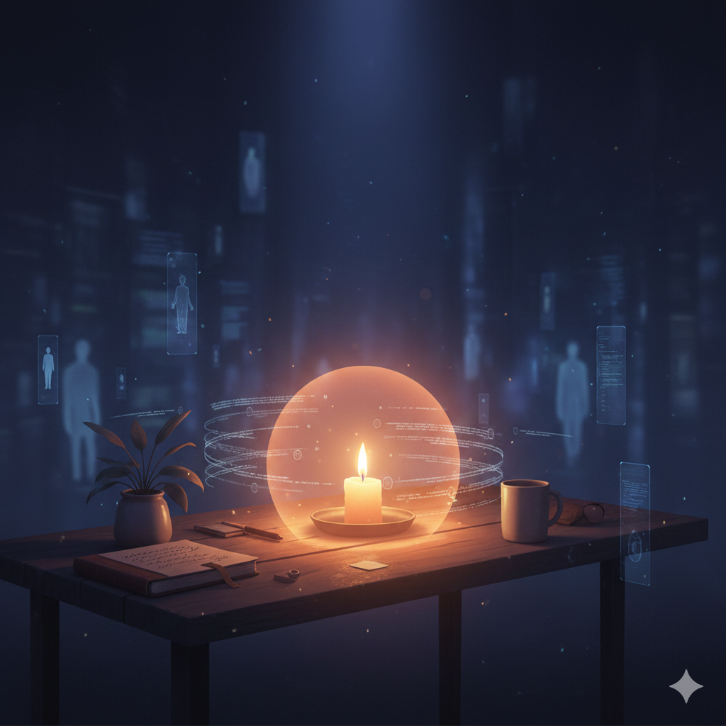 어두운 공간의 책상 위에 촛불이 켜져 있고, 노트와 컵 옆으로 디지털 데이터와 인간 실루엣이 떠 있는 장면