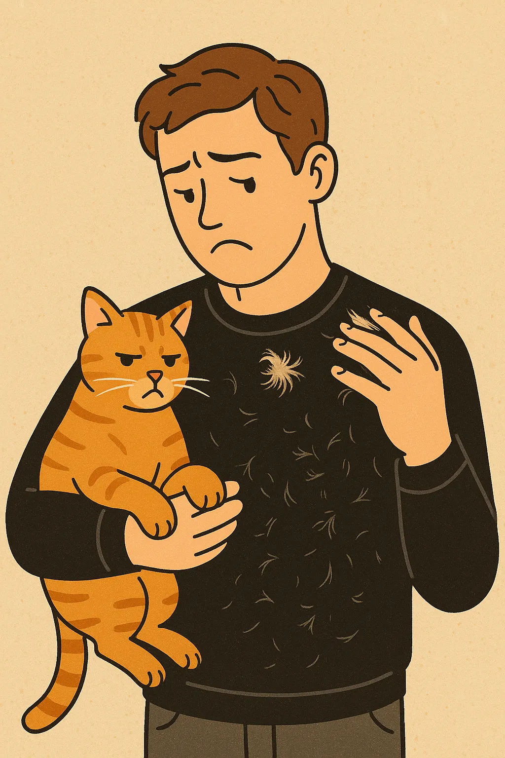 검정-옷에-붙은-고양이-털을-걱정스럽게-바라보는-남성과-고양이의-일러스트-이미지