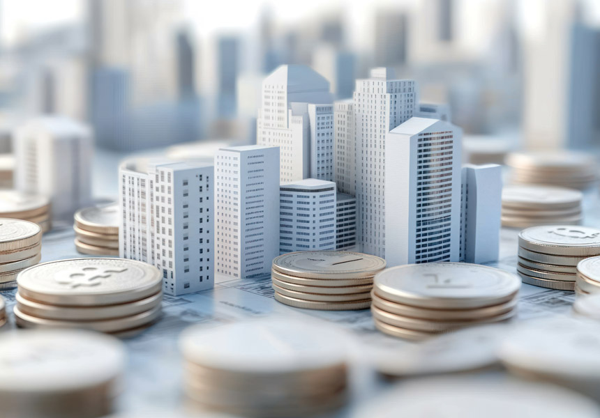 부동산 건물 모형과 동전 더미, 리츠 투자와 배당 수익을 상징하는 이미지