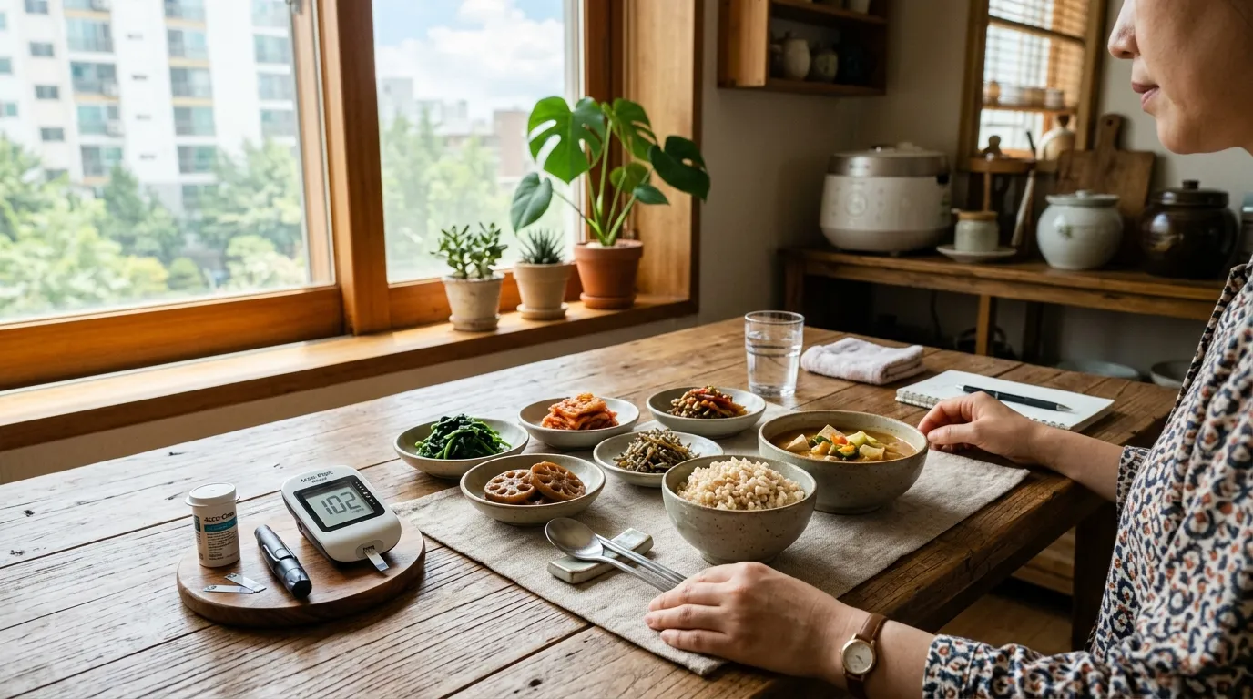 식탁 위 혈당측정기와 식사 준비 모습