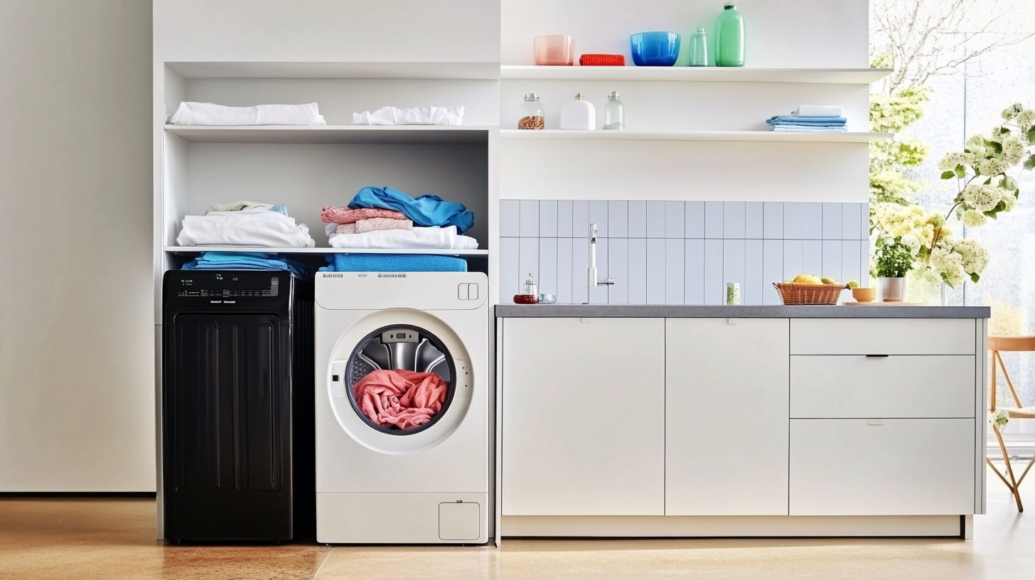 삼성 WD25DBBZF24C의 세탁 및 건조 능력을 보여주는 절단 뷰 이미지, 효율적으로 처리되는 옷들, 현대적 주방 환경에서의 자연광 하이퍼 디테일 품질