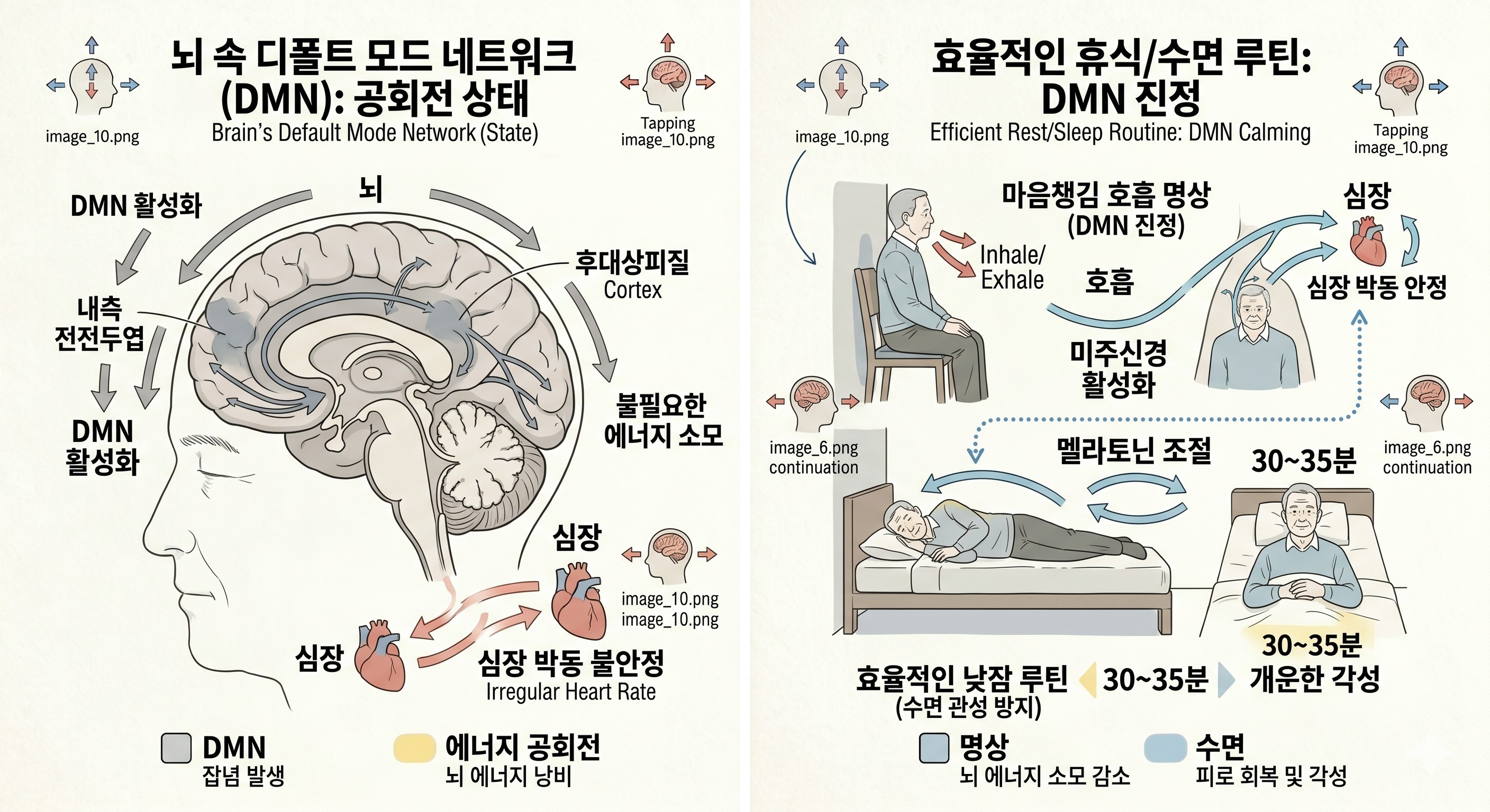 뇌 속 디폴트 모드 네트워크(DMN)'와 '효율적인 휴식/수면 루틴' 스케치