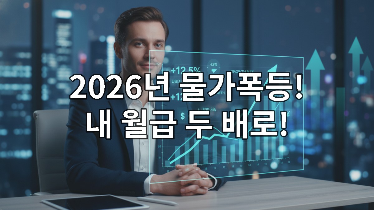 2026년 물가 폭등 시대에 노트북 화면의 상승 그래프를 보며 미소 짓는 사람, 경제적 자유를 향한 스마트 재테크 전략을 상징하는 이미지.