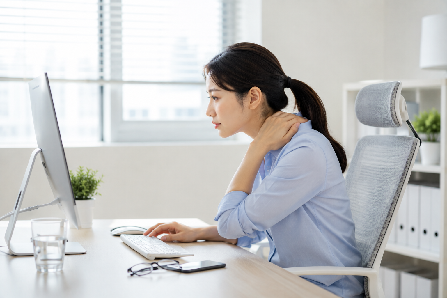 컴퓨터 작업 중 머리가 앞으로 나온 거북목 자세를 확인하는 한국인 여성