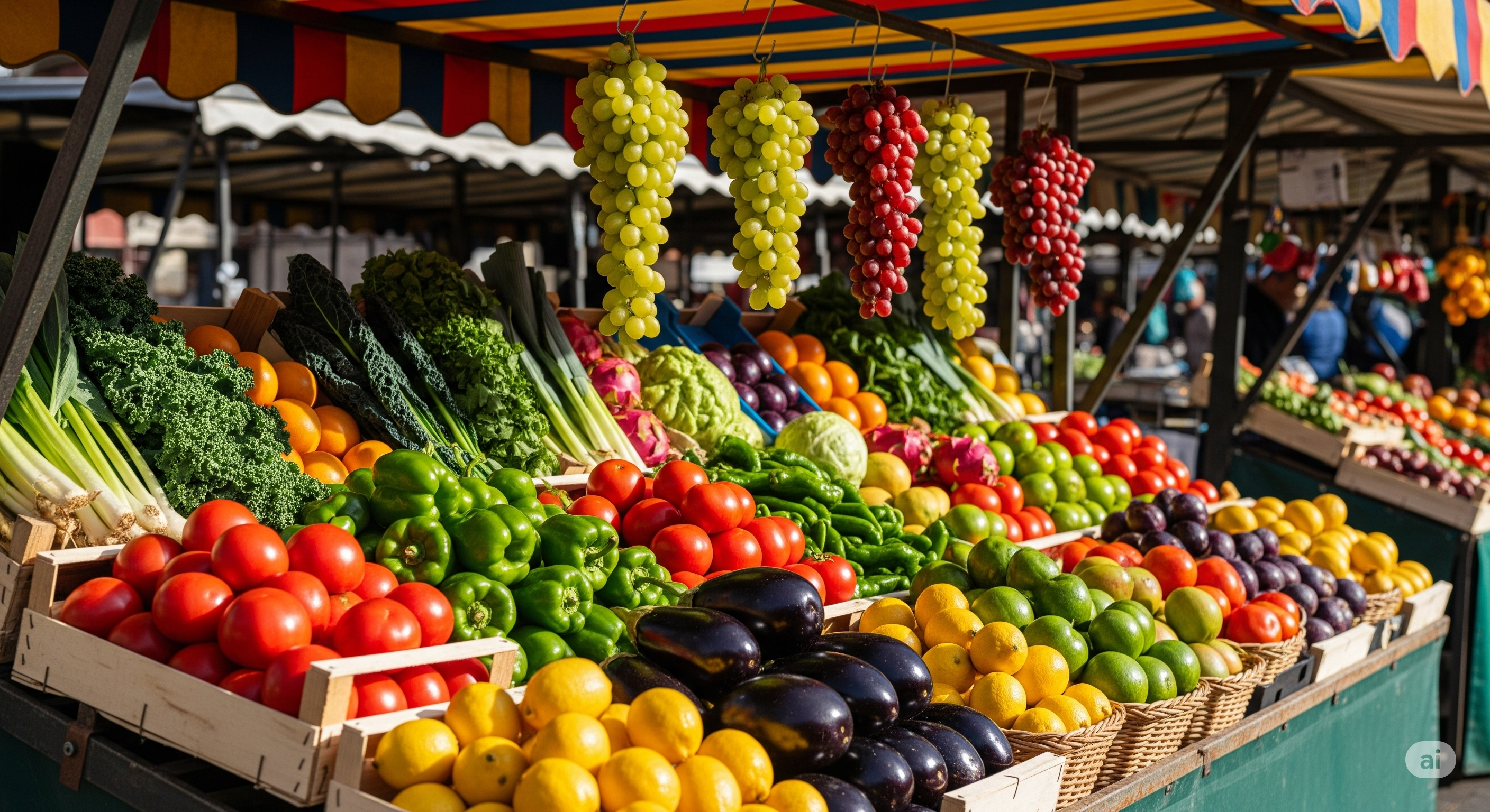 시장에 진열한 채소와과일