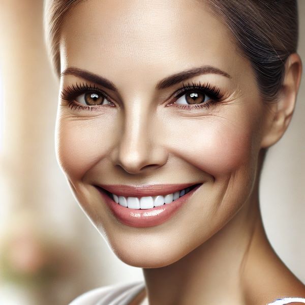 밝게 웃는 중년 여성의 모습. 눈가에는 자연스러운 잔주름이 자리하고 있으며, 따뜻하고 친근한 인상을 주는 장면