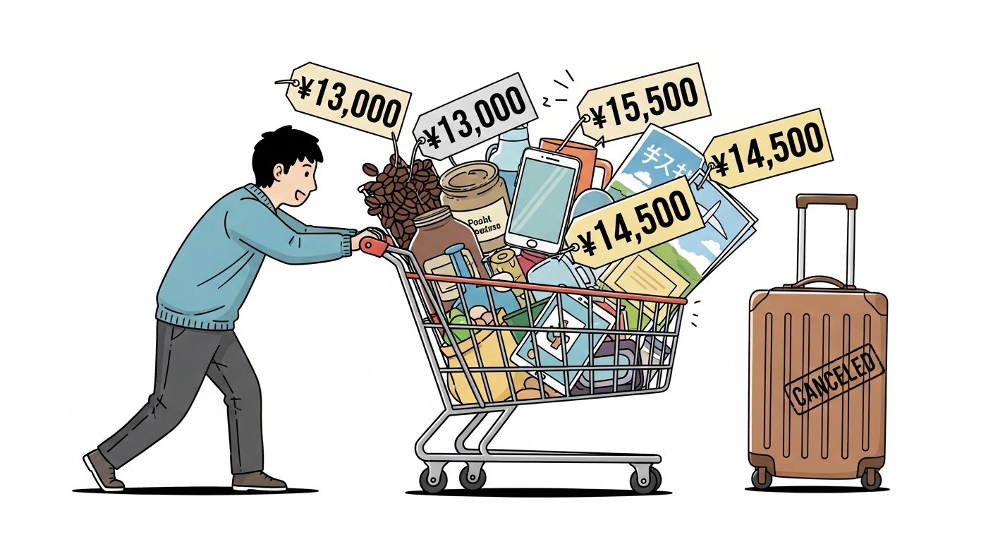 고환율로 인해 장바구니 물가가 오르고 해외여행 계획이 취소되는 등 실생활에 미치는 경제적 부담을 표현한 이미지.