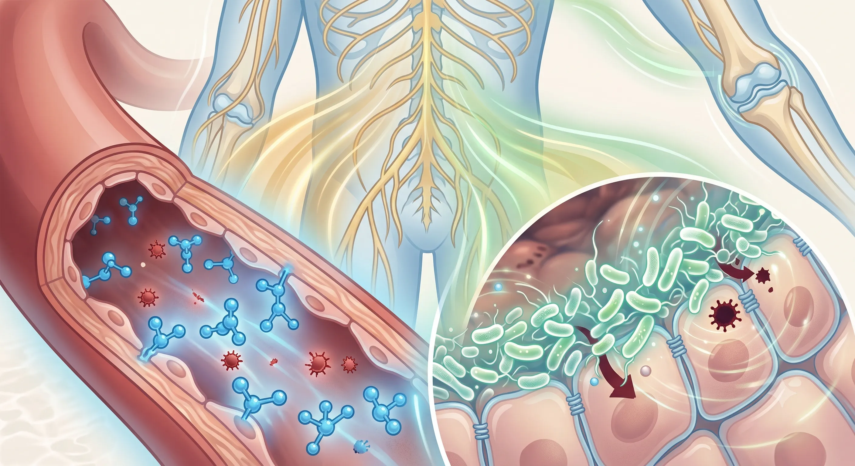혈관 속 오메가3 지방산 분자와 장벽을 강화하는 유산균이 전신 신경계 및 관절의 만성 염증을 완화하는 유기적 메커니즘을 보여주는 일러스트