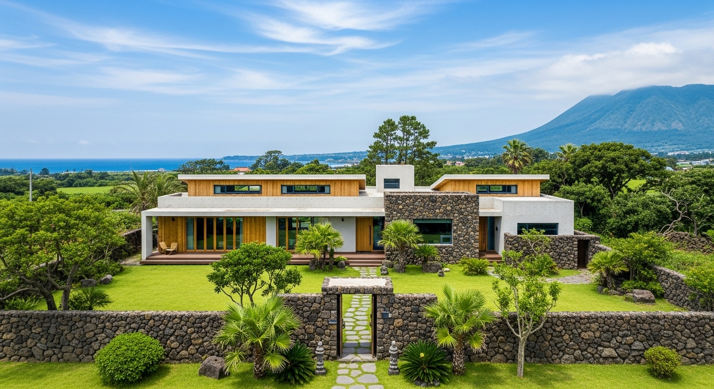 제주도의 푸른 자연 속에 자리 잡은 현대적인 독채 펜션의 항공 사진. 돌담과 초록빛 조경이 어우러져 평화롭고 한적한 분위기를 자아냅니다.