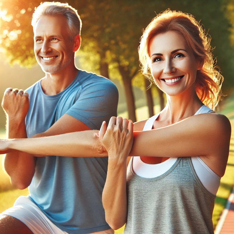 중년 남성과 여성이 스트레칭하는 모습