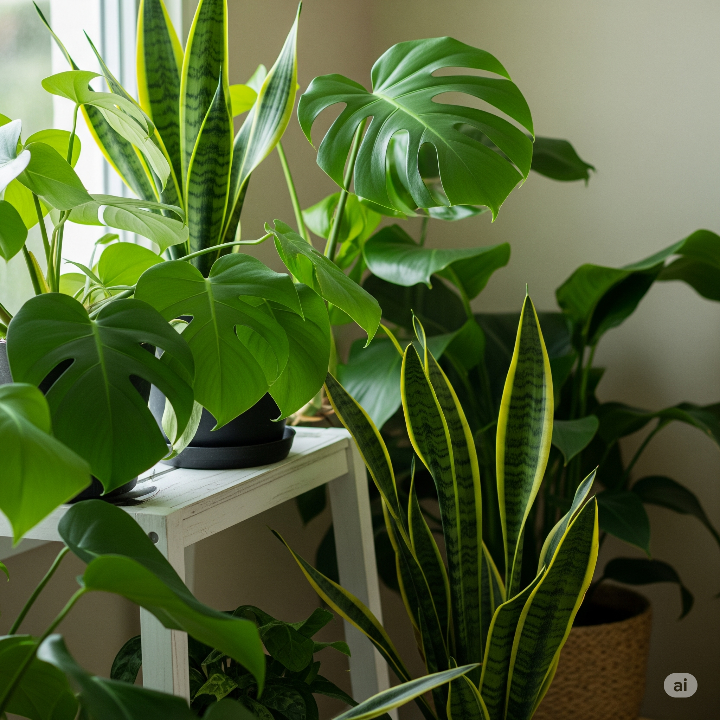 몬스테라와 산세베리아 등 다양한 실내 식물들이 창가에 놓인 모습, 초록빛 힐링을 주는 미니 정원