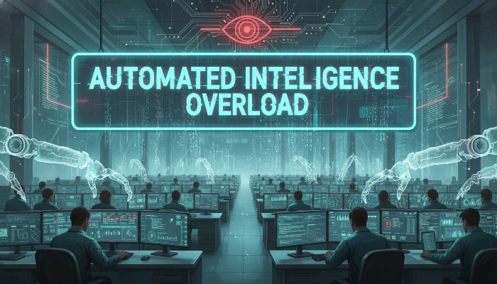 반복적인 데이터 처리 업무가 AI로 자동화되는 과정을 보여주는 시각적 경고 이미지