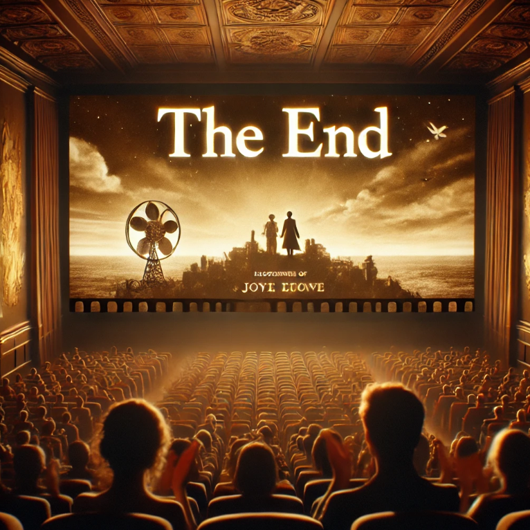 영화관 내부의 커다란 스크린에 'The End'라는 빈티지 필름 스타일의 텍스트가 표시되어 있다.