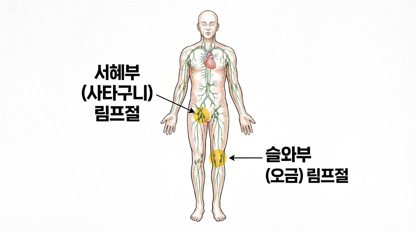 하체 순환의 핵심인 서혜부와 오금 림프절 위치 안내 이미지