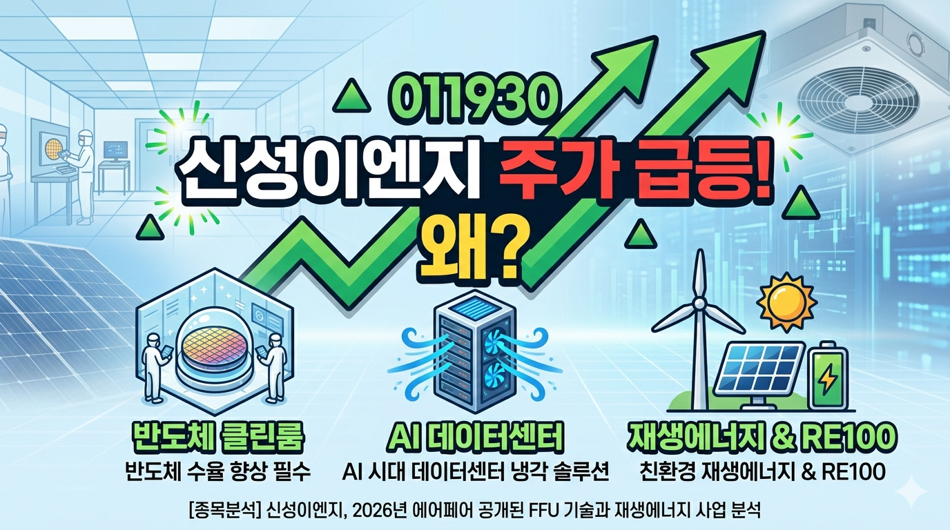 신성이엔지 로고와 반도체 클린룸 내부 전경을 배경으로 한 주가 급등 분석 이미지