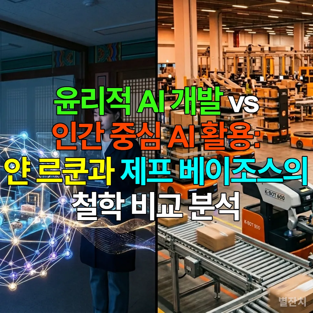 얀 르쿤의 월드 모델과 제프 베이조스의 AI 로보틱스 활용 철학을 시각적으로 비교한 이미지