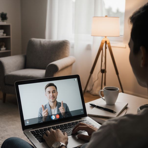 편안한 소파에 앉아 노트북으로 인터넷 상담을 화상 채팅으로 하고 있는 장면