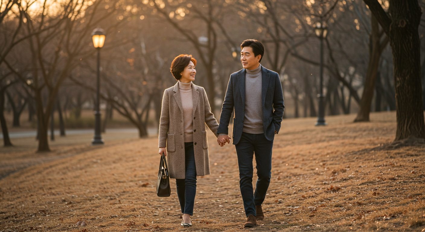 해 질 무렵 공원을 걷는 부부