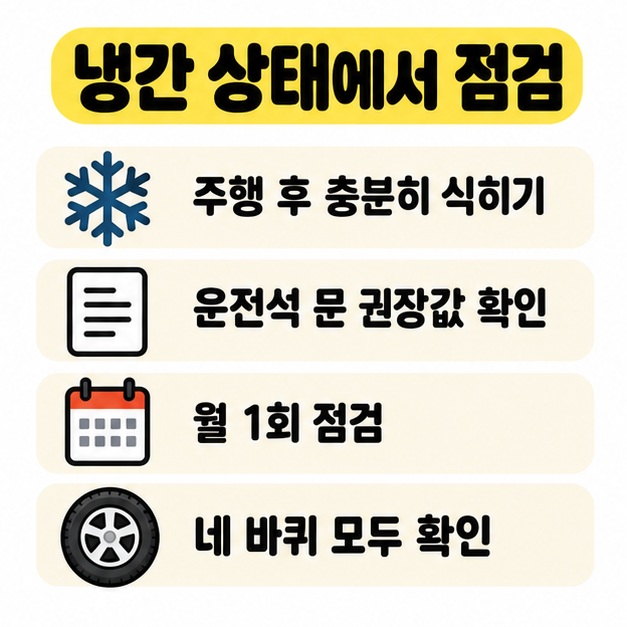 냉간 상태 측정과 월 1회 점검, 앞뒤 권장값 확인을 체크리스트로 정리한 카드
