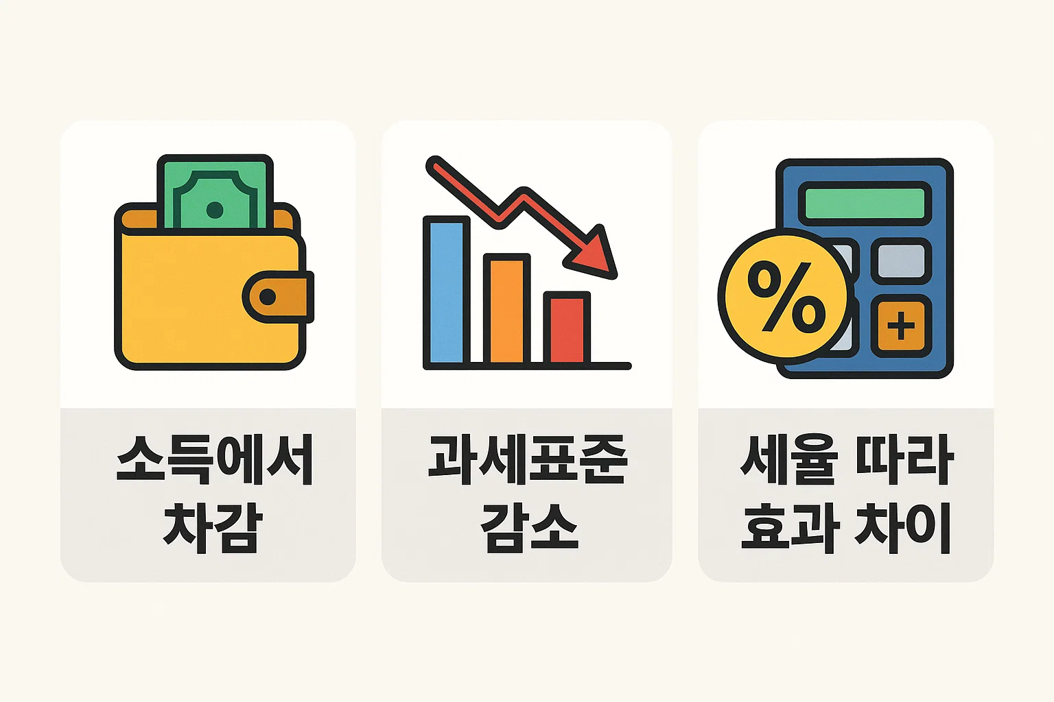 주택자금 소득공제가 실제 환급액에 어떤 방식으로 반영되는지 소득 차감 효과와 과세표준 변화, 세율 구간별 환급 차이를 직관적으로 이해하도록 구성한 안내 이미지입니다