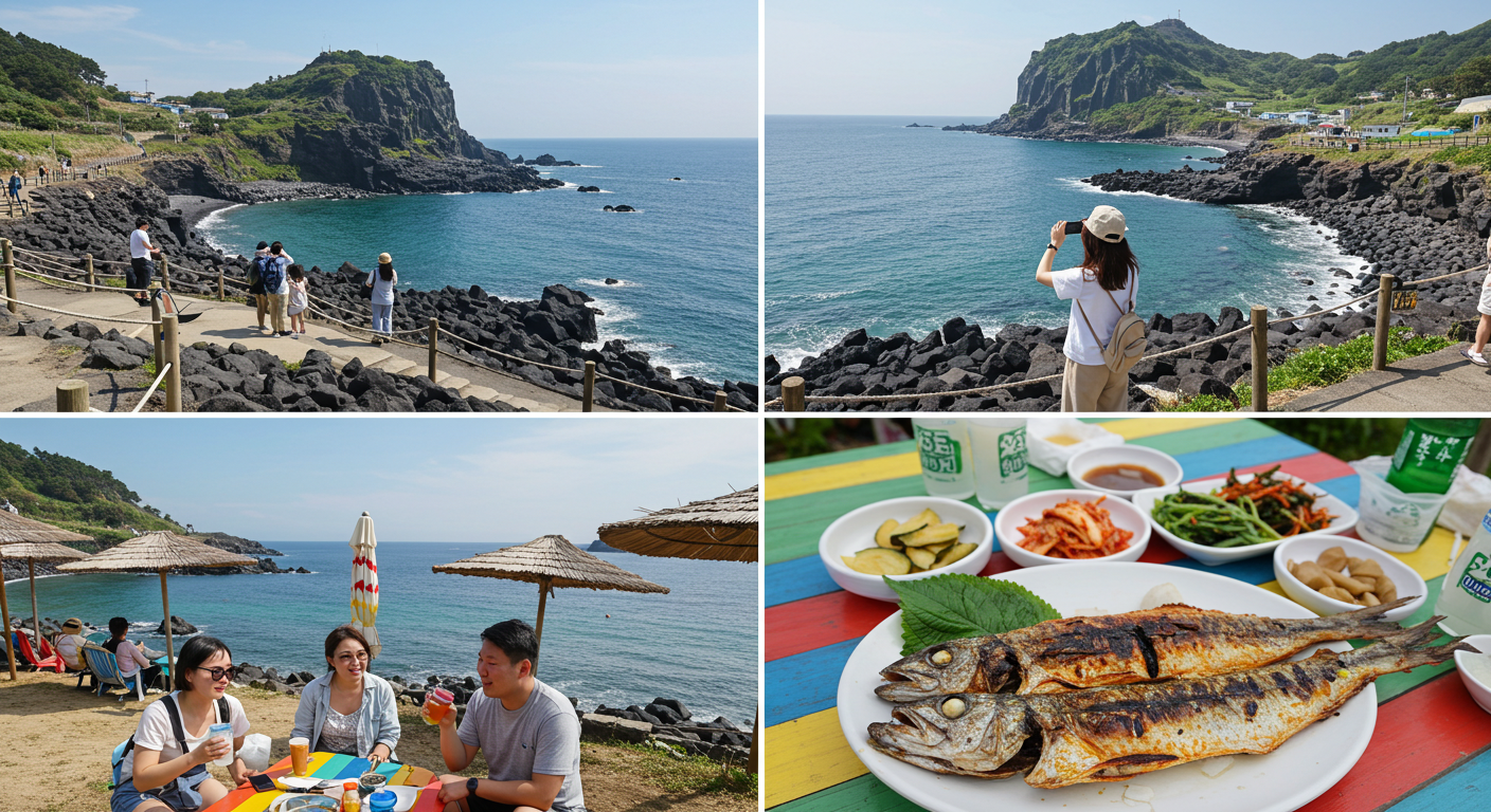 제주 남부 일일 여행 코스를 담은 4분할 이미지: 큰엉해안 산책, 문섬 전망대, 해변 카페, 갈치조림.