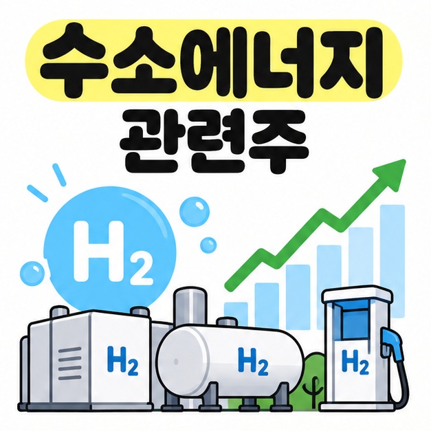 수소에너지 관련주 문구와 H2, 연료전지, 수소충전기, 주가 차트 아이콘을 보여주는 대표 카드