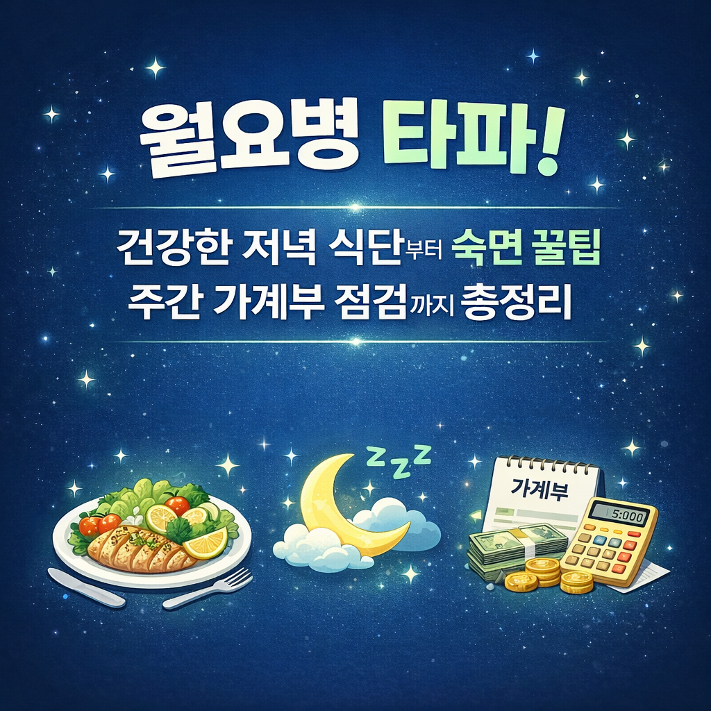 월요일 저녁 메뉴, 직장인 저녁 루틴, 숙면 꿀팁, 불면증 극복하는 법, 1월 제철음식, 새해 다이어트 식단, 주간 가계부 결산, 퇴근 후 자기계발, 미라클 나잇 습관, 월요병 퇴치법
월요병 타파! 건강한 저녁 식단부터 숙면 꿀팁, 주간 가계부 점검까지 총정리