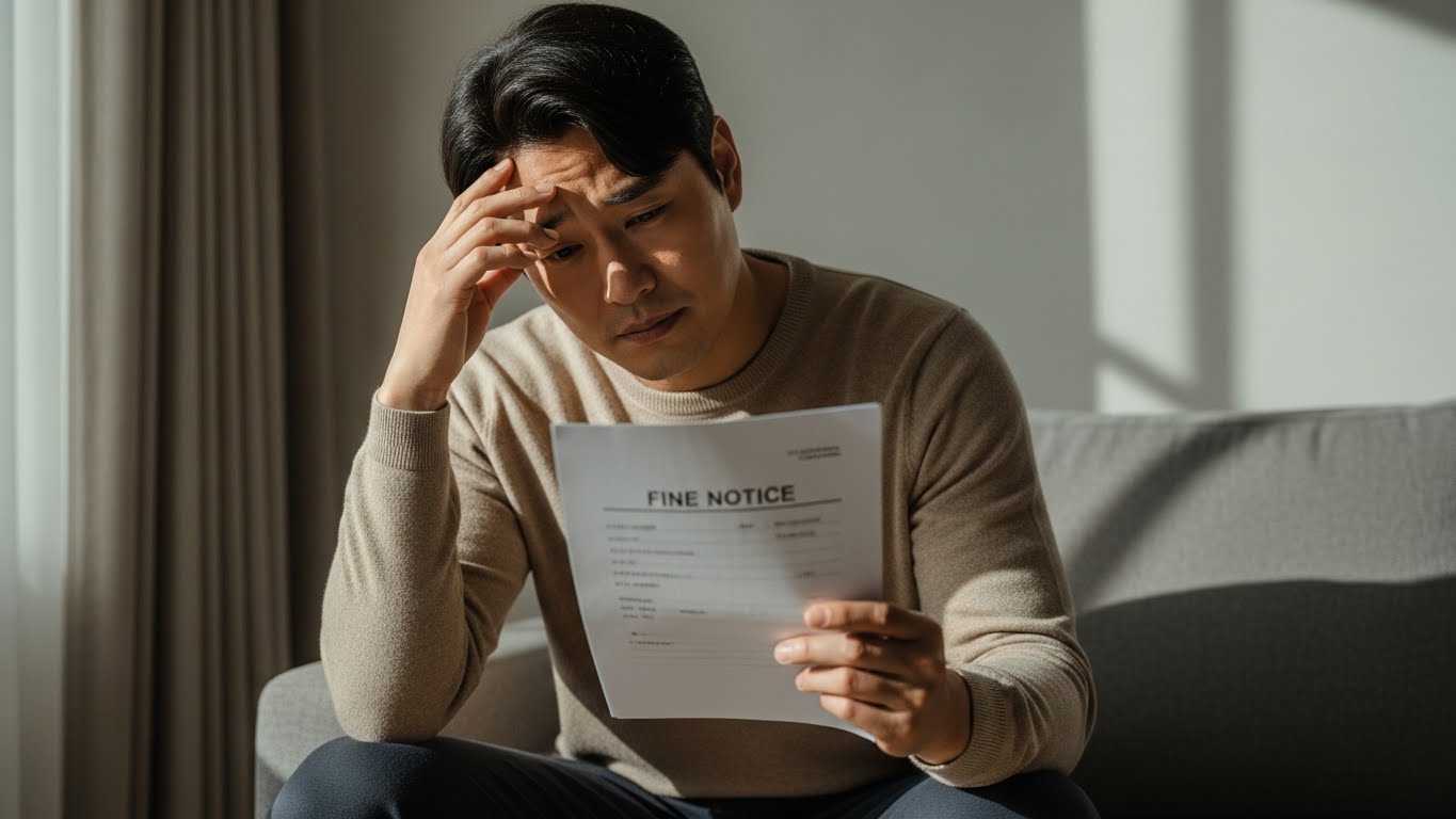 깜빡하고 지키지 못한 법규 때문에 날아온 교통 과태료 고지서를 보며 후회하는 남성