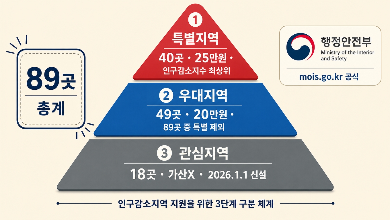 인구감소지역 89곳 구조 특별 40곳 우대 49곳 관심 18곳 피라미드 인포그래픽