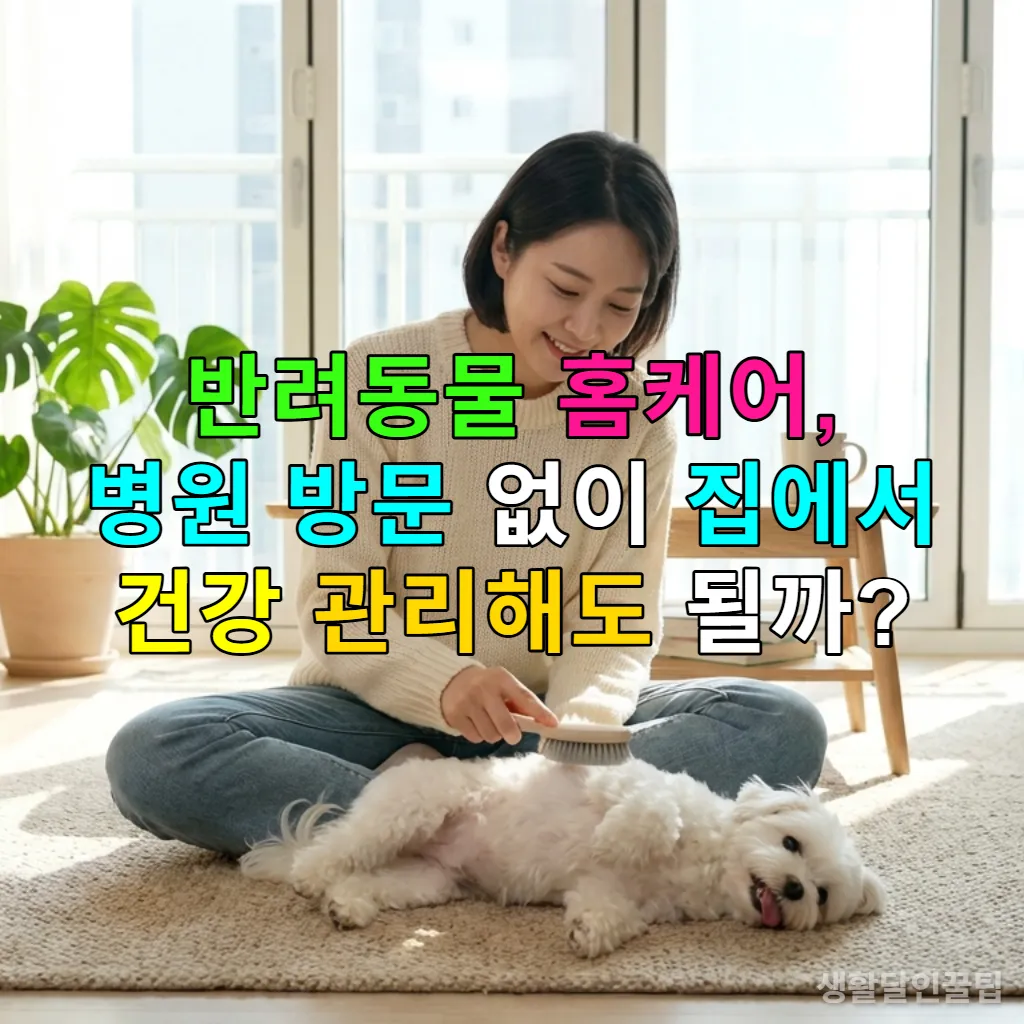 집에서 반려견의 털을 빗겨주는 한국인 여성의 모습