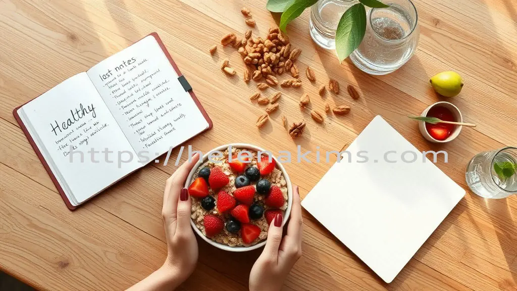 나무 식탁 위에 오트밀이 담긴 그릇에 베리류를 올려 섭취 하려는 이미지.