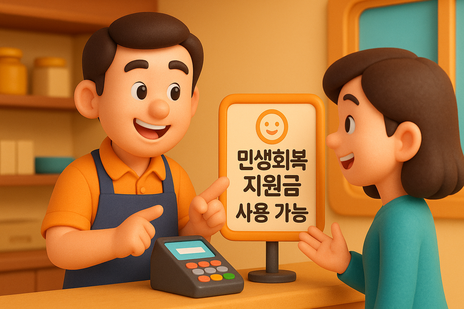 가게에 들어선 손님이 '민생회복지원금 사용 가능 여부'를 묻고, 점원이 친절하게 안내하는 장면