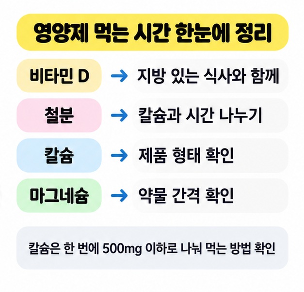 비타민 D, 철분, 칼슘, 마그네슘의 복용 시간 핵심을 비교한 그림