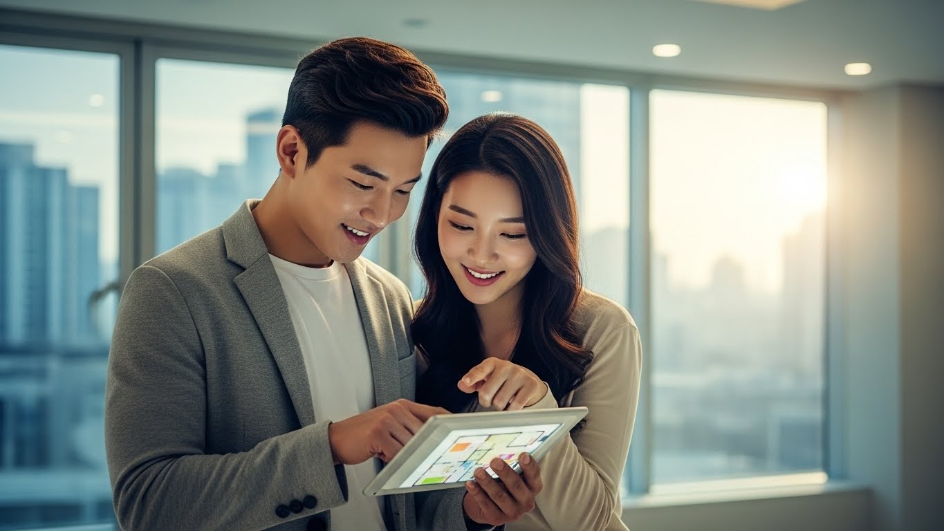 새로운 주거 정책을 활용해 내 집 마련의 꿈을 설계하는 젊은 한국인 신혼부부