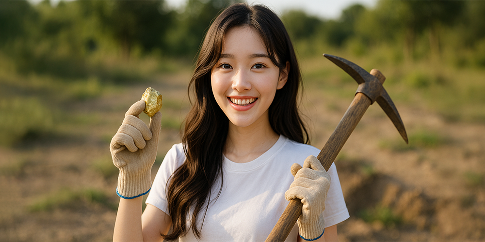 꿈에서 금을찾아 기뻐하는 여성