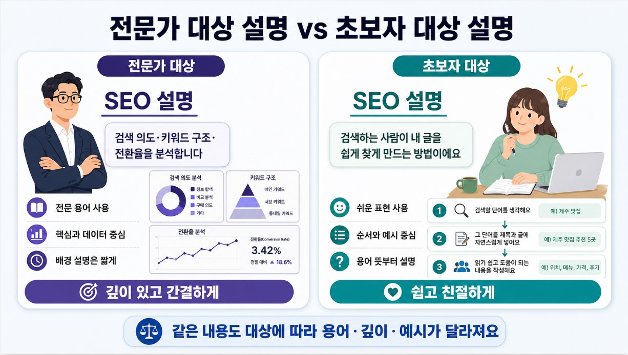 전문가 대상 설명과 초보자 대상 설명 비교