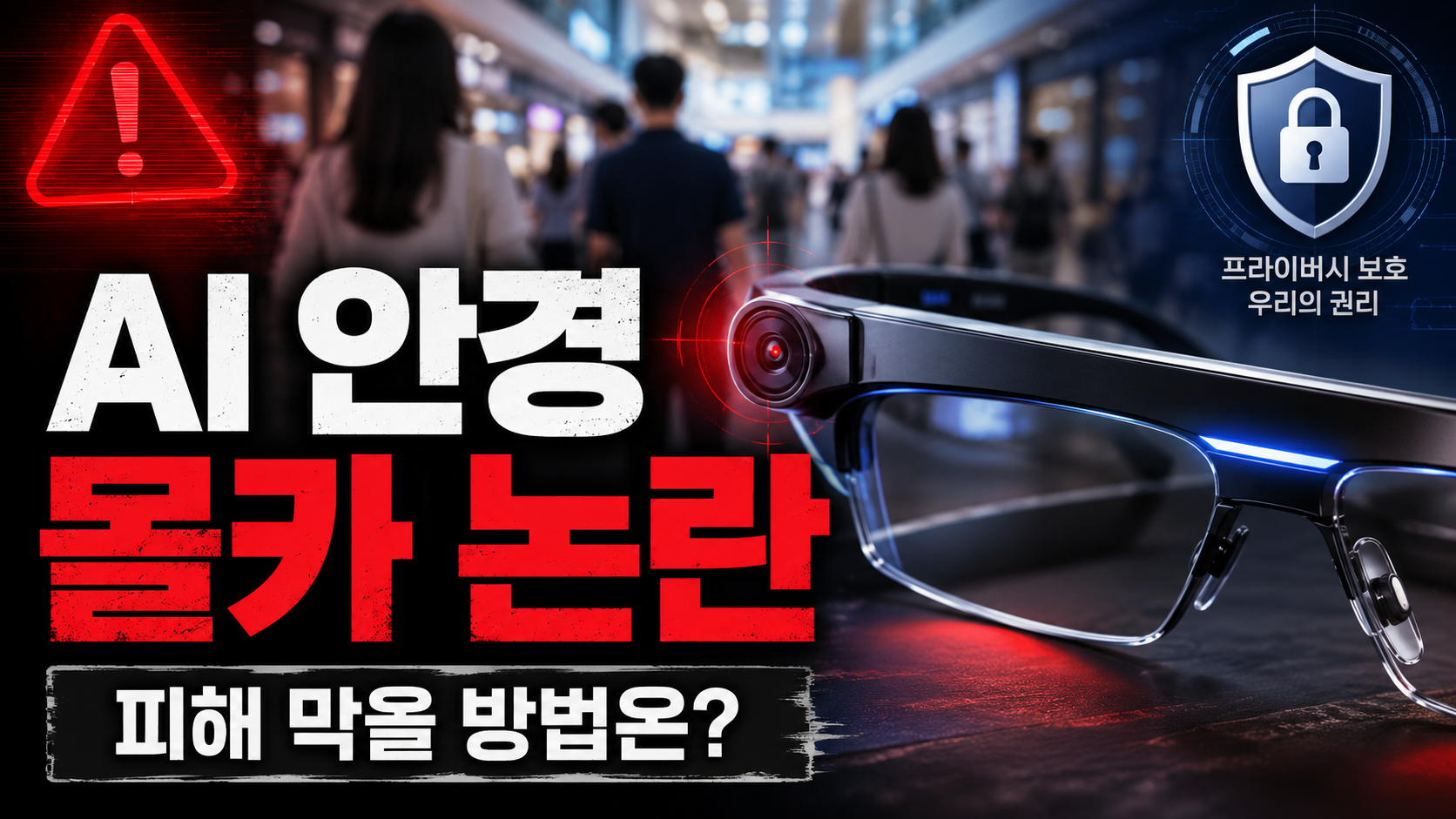 AI 안경의 무단 촬영 논란과 촬영 표시등 가림 문제, 사생활 침해 피해를 막기 위한 안전 대책을 정리한 정보 이미지