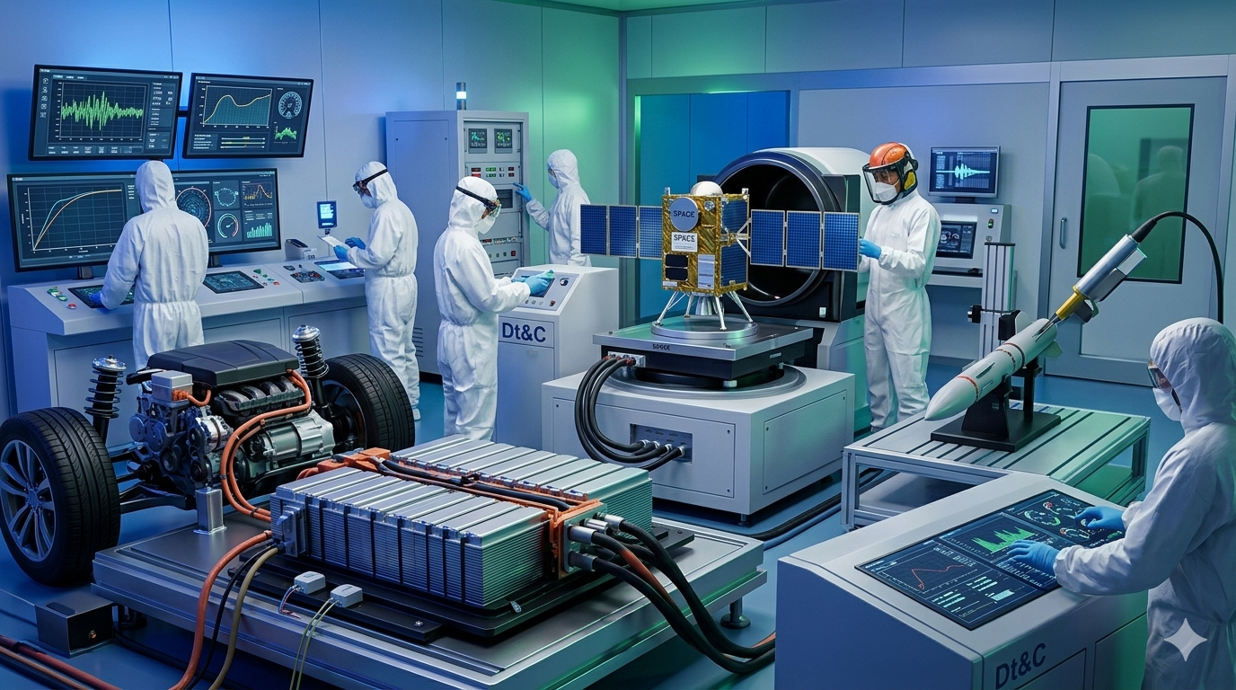 A multi-functional advanced testing chamber where an electric vehicle powertrain, miniature satellite model labeled SPACE tag, and miniature missile component are tested simultaneously with sensors and control panels. Clean blue and white environment. No text characters. Dt&C logo subtly integrated.