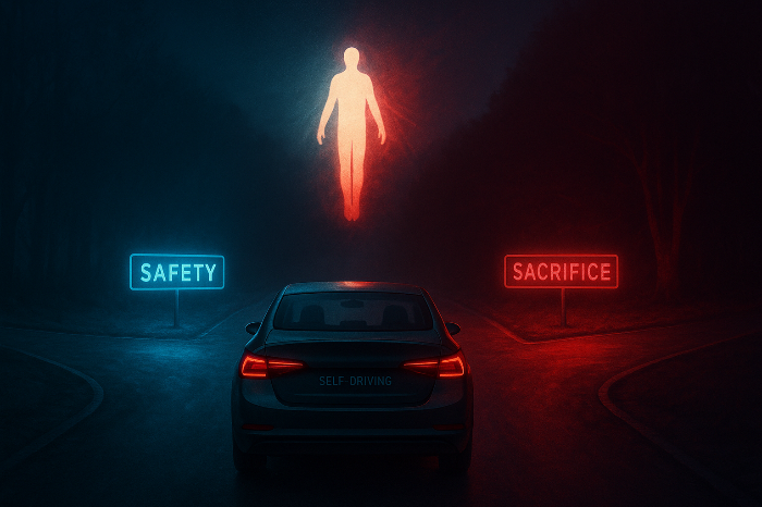 도덕적 갈림길에 멈춰있는 자율주행차. 안전을 향한 길과 희생을 향한 길을 의미하는 이미지