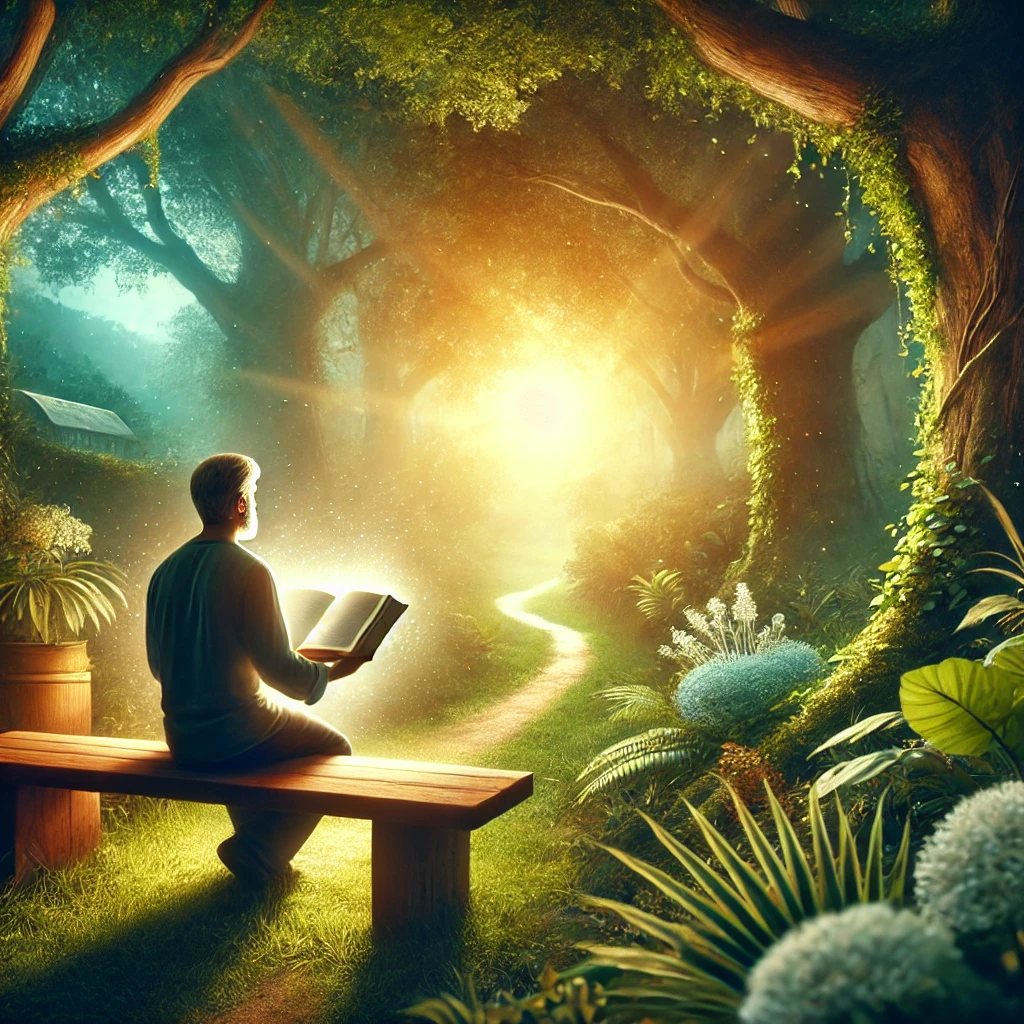 하나님의 말씀을 묵상하며 영적으로 부한 삶을 소망하는 모습을 담고 있습니다. 자연 속에서 깊은 묵상의 시간을 가지며, 말씀을 품고 주님의 인도하심을 따르려는 의지를 상징적으로 표현하였습니다.