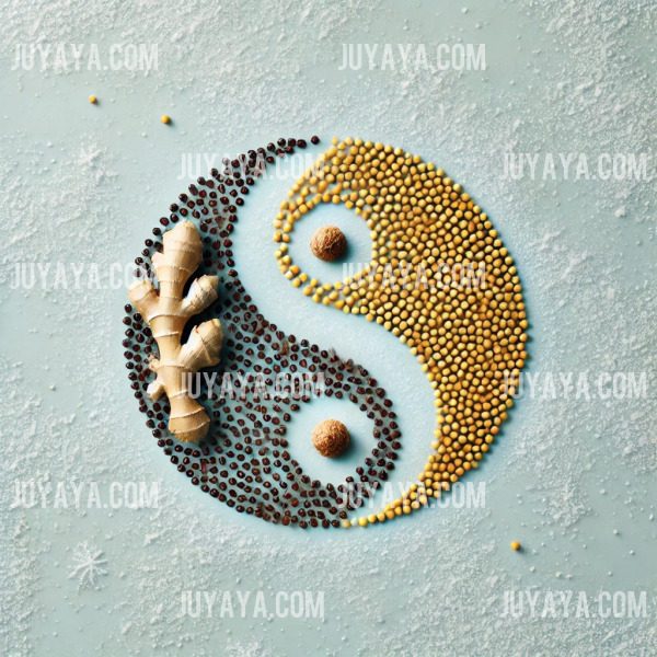 생강 뿌리와 겨자씨가 조화롭게 어우러진 미니멀한 이미지. 겨울 배경과 부드러운 빛이 균형을 상징한다.