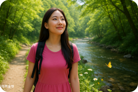 계곡 트레킹 중 자연을 느끼는 초록이