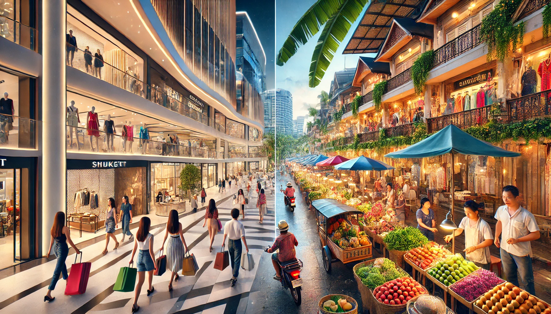 푸켓의 다양한 쇼핑몰과 로컬 마켓에서 쇼핑을 즐기는 모습