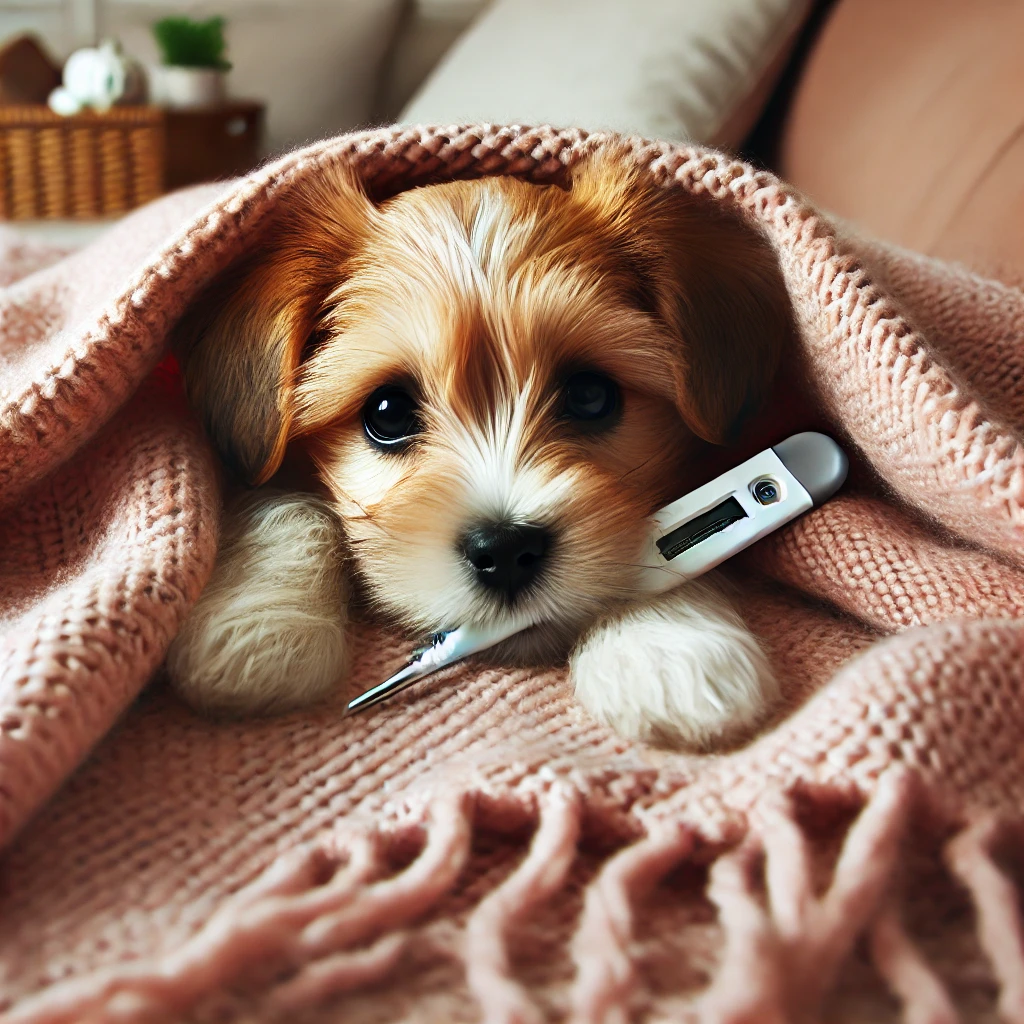 체온계를 물고 있는 아픈 강아지