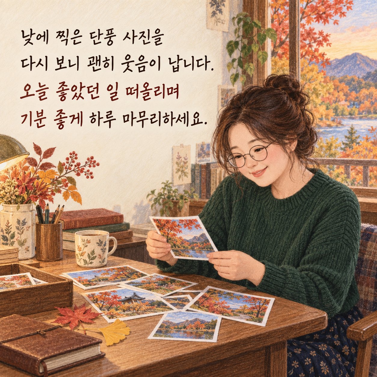 가을 저녁 인사 이미지 18 — 낮에 찍은 단풍 사진을 다시 보니 괜히 웃음이 납니다. 오늘 좋았던 일 떠올리며 기분 좋게 하루 마무리하세요.
