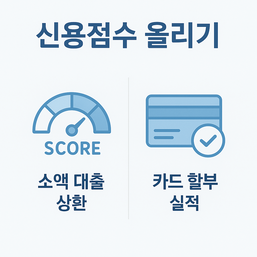 카카오뱅크 대출 승인률 향상을 위해 신용점수를 올리는 방법을 시각적으로 표현한 인포그래픽, 소액 대출 상환과 카드 할부 실적 관리 방법 설명