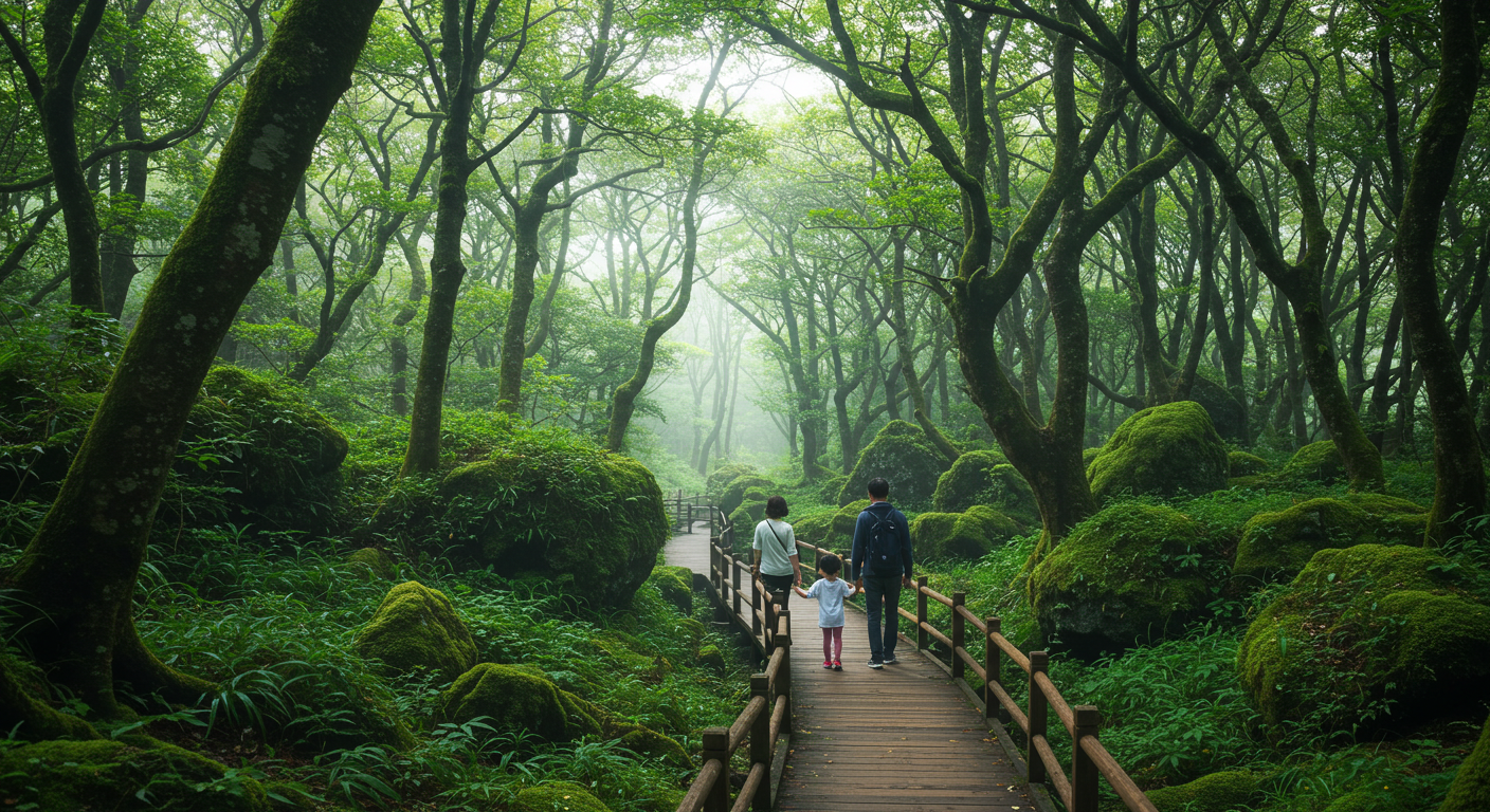 제주 곶자왈 숲길을 걷는 한국인 가족, 신비로운 원시림 속에서 힐링하는 모습