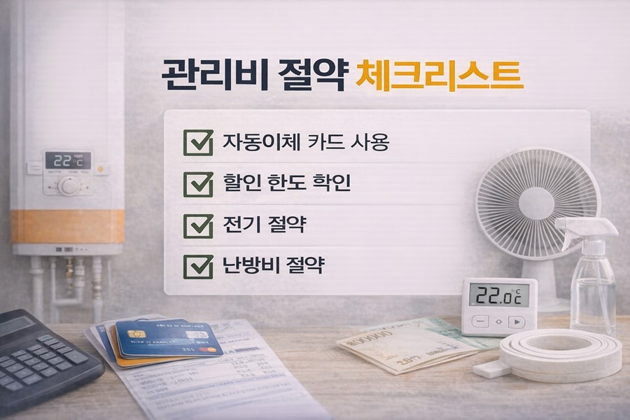 아파트 관리비 절약을 위해 자동이체 카드 사용, 카드 할인 한도 확인, 전기 절약, 난방비 절약을 체크리스트 형식으로 정리한 생활비 절약 이미지입니다.