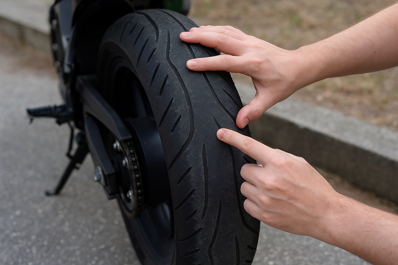 바이크 타이어의 마모 상태를 육안으로 점검 중인 장면