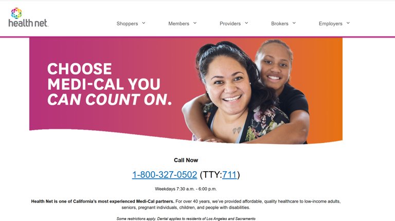 Health Net Medi-Cal 광고 배너. 두 명의 여성이 미소를 지으며 포옹하고 있고, 배경에는 'CHOOSE MEDI-CAL YOU CAN COUNT ON.' 문구가 표시되어 있다